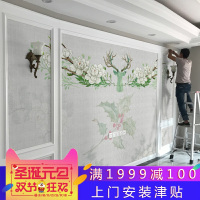 美式田园客厅沙影视墙壁画电视背景墙壁纸卧室墙纸手绘树叶麋鹿