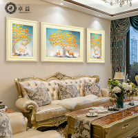 财树麋鹿壁画客厅挂画欧式美式大气沙背景三联画招财鹿装饰画