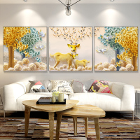 北欧风格装饰画客厅壁画挂画 麋鹿画沙背景墙后面的壁画三联画