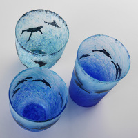 日本进口月夜野工房 纯手工彩色磨砂玻璃杯 海豚杯结婚贺寿礼品