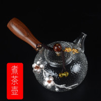 锤纹贴锡玻璃茶壶高温耐热一枝梅实木侧把煮茶壶加厚功夫泡花茶壶