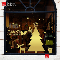 金色圣诞树玻璃贴雪人麋鹿驯鹿节日土豪金大橱窗美陈精致装饰道具