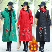 2018冬季新款棉麻提花中国风绣花面料带帽长袖棉衣棉袄大码女装