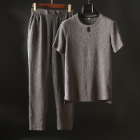 18时尚棉麻面料型男夏季运动套装男士休闲套装短袖T恤圆领