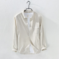 秋冬季日系复古亚麻衬衫男修身纯色棉麻长袖衬衣麻布料上衣打底衫