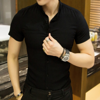 男士亚麻上衣棉麻布料短袖衬衫薄款宽松衬衣夏季男装潮流立领寸衫