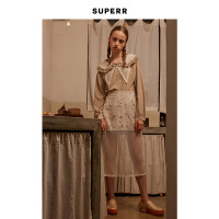 SUPERR Carrie系列毛边花朵棉麻拼接眼面料直身半裙