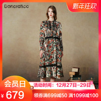 达衣岩女装2018秋季碎花连衣裙棉麻花色面料田园风长袖长裙