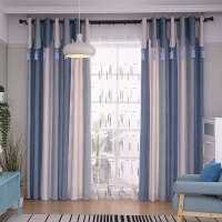 蓝色条纹窗帘成品简约现代客厅卧室阳台落地飘窗大气成品布艺料