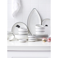 川岛屋欧式简约黑线条家用碗碟套装陶瓷餐具套装盘子碗吃饭碗套碗