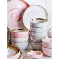 摩登主妇金边大理石多人食餐具碗碟套装陶瓷家用米饭碗刀叉勺组合