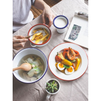 树可珐琅 红蓝边一人食套装碗碟碗盘餐具套装家用北欧风简约4件套