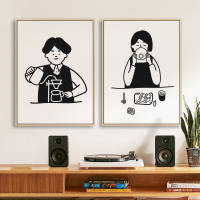好好生活 ins简约装饰画黑白人物餐厅挂画咖啡厅日式漫画卡通插画