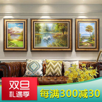 美式客厅装饰画天鹅湖风景油画沙背景三联挂画餐厅墙画欧式壁画