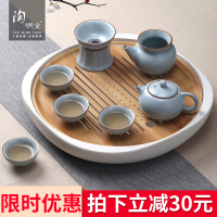 陶明堂汝窑功夫茶具套装 家用简约日系冰裂开片可养手工陶瓷茶具