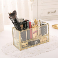 欧式抽屉式收纳盒 玻璃铜边口红盒腮红眉笔粉刷 复古桌面储物盒