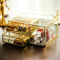 复古透明玻璃 防尘双层抽屉 首饰化妆品收纳盒非亚克力桌面收纳