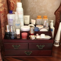 大号桌面木质化妆品收纳盒 木制品护肤品储物柜梳妆盒带抽屉带镜