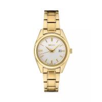 精工(SEIKO)Essentials 女士石英手表 29.8 毫米时尚简约金色不锈钢银色太阳纹表盘日历防水