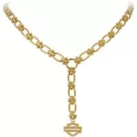 Harley Davidson女士不锈钢Y型链式项链 金色椭圆链环 中心悬挂标志性盾牌吊坠