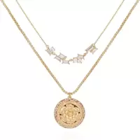 盖尔斯(GUESS)清新浪漫女士叠层杏桃金色项链金属质感玻璃石吊坠