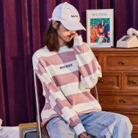 唐狮春季新款条纹卫衣女圆领韩版宽松长袖薄款套头卫衣女潮