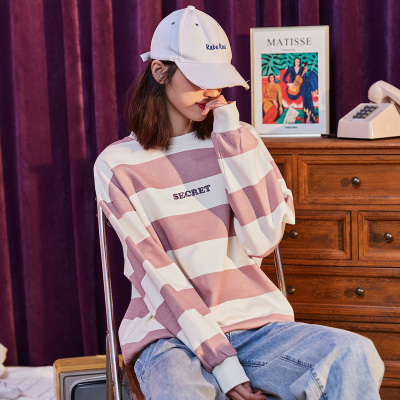 [1折价49.9元,叠加优惠券]唐狮春季新款条纹卫衣女圆领韩版宽松长袖薄款套头卫衣女潮