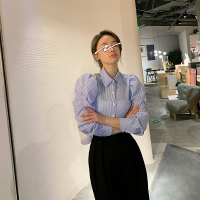唐狮秋新款女法式泡泡袖条纹长袖衬衫蓝色气质上衣韩版潮流