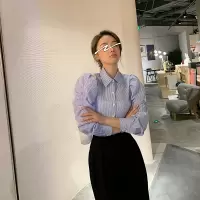[1折价49.9元叠加优惠券]唐狮秋新款女法式泡泡袖条纹长袖衬衫蓝色气质上衣韩版潮流