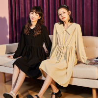 唐狮秋装新款长袖连衣裙收腰百搭a字裙法式复古大翻领女裙