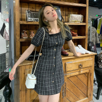 [1折价76.9元]唐狮秋季女小香风编织格子收腰连衣裙显瘦复古气质时尚潮流