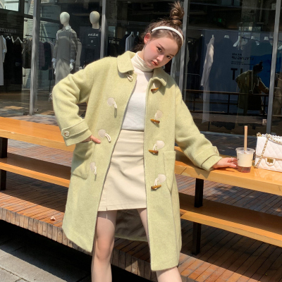 [1.5折价189.9元叠加优惠券]唐狮冬装新款仿毛呢外套女牛角扣大衣中长款外套宽松潮原宿风