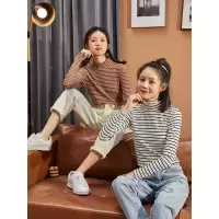 [1折价22.9元叠加优惠券]唐狮春秋冬季条纹半高领打底衫女内搭长袖上衣T恤修身百搭打底衣