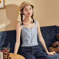 唐狮夏季新款小吊带背心女外穿格子内搭无袖美背小清新上衣短款