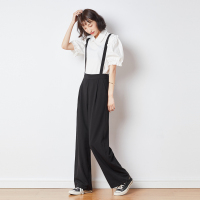 唐狮春新款休闲裤背带裤垂感西装裤女直筒宽松黑色阔腿裤气质