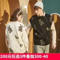 [1折价39.9元叠加优惠券]唐狮春新款毛衣情侣针织背心马甲V领小熊印花黑色宽松百搭潮