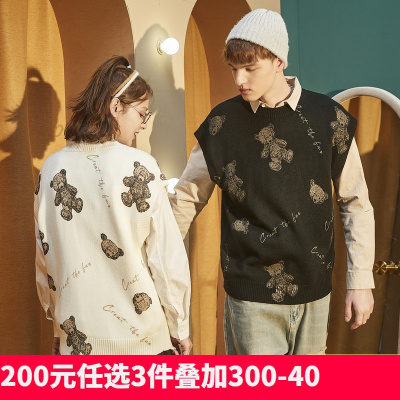 [1折价39.9元,叠加优惠券]唐狮春新款毛衣情侣针织背心马甲V领小熊印花黑色宽松百搭潮