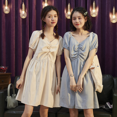 [2.5折价69元]唐狮夏季新款复古桔梗长裙仙女森系裙子雾霾蓝闺蜜连衣裙