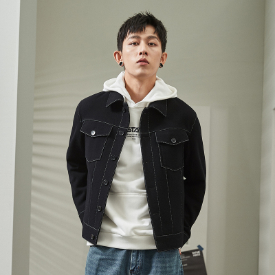 [2.5折价168元]唐狮秋冬季辑明线毛呢外套男短款休闲宽松黑色呢子夹克韩版潮流