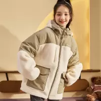 [3件8.5折237.2元,叠加优惠券]唐狮冬季新款连帽仿羊羔毛拼接女羽绒服工装风保暖羽绒款外套