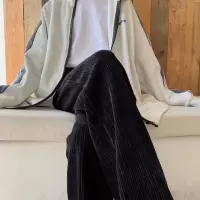 [1折价45.9元,叠加优惠券]唐狮秋冬新款灯芯绒裤子女高腰阔腿裤宽松显瘦黑色休闲垂感潮