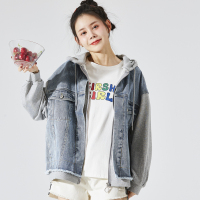 [直降价239.9元]唐狮新款春装牛仔外套女短款韩版宽松百搭牛仔衣连帽拼接夹克
