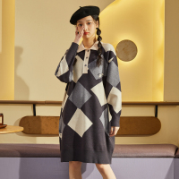 史努比联名唐狮秋冬新款polo领针织连衣裙休闲学院风毛衣裙