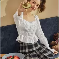 [2.5折价45.3元叠加优惠券]唐狮春装新款长袖衬衫女网红风法式锁骨方领小衫上衣短款衬衣