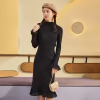 [2.5折价63元]唐狮连衣裙女秋季长袖新款韩版半高领气质下摆拼接时尚百搭潮