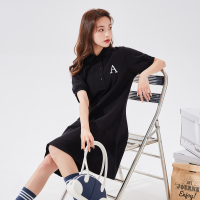 [2.5折价67元]唐狮POLO裙夏季新款女装学院风绣花收腰a字针织黑色连衣裙