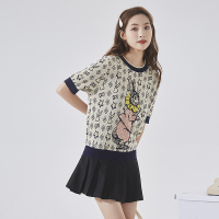 唐狮早春新款短袖针织上衣女字母卡通设计感圆领小香风上衣Q