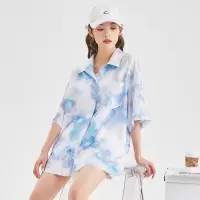 [1折价36.9元,叠加优惠券]唐狮夏季新款短袖衬衫女宽松显瘦衬衫外套甜酷扎染衬衣女