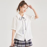 [2.5折价53元]夏季娃娃领白衬衫女唐狮新款学院风短袖衬衣甜美风少女衬衫