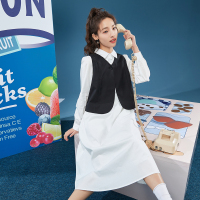 唐狮长袖连衣裙马甲早春新款衬衫裙西装马甲白裙子